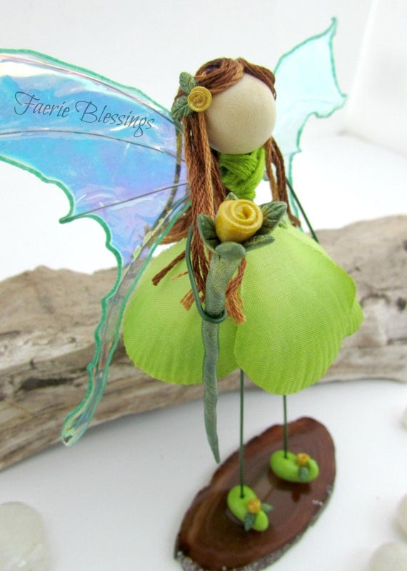 Handmade Fairy Ornament Figurine Miniature Green Shimmer Wings
