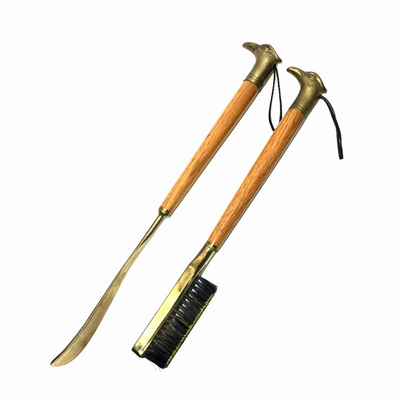 Vintage Brass Eagle's Head Shoe Horn & Brush Set with Wood Handles, 16