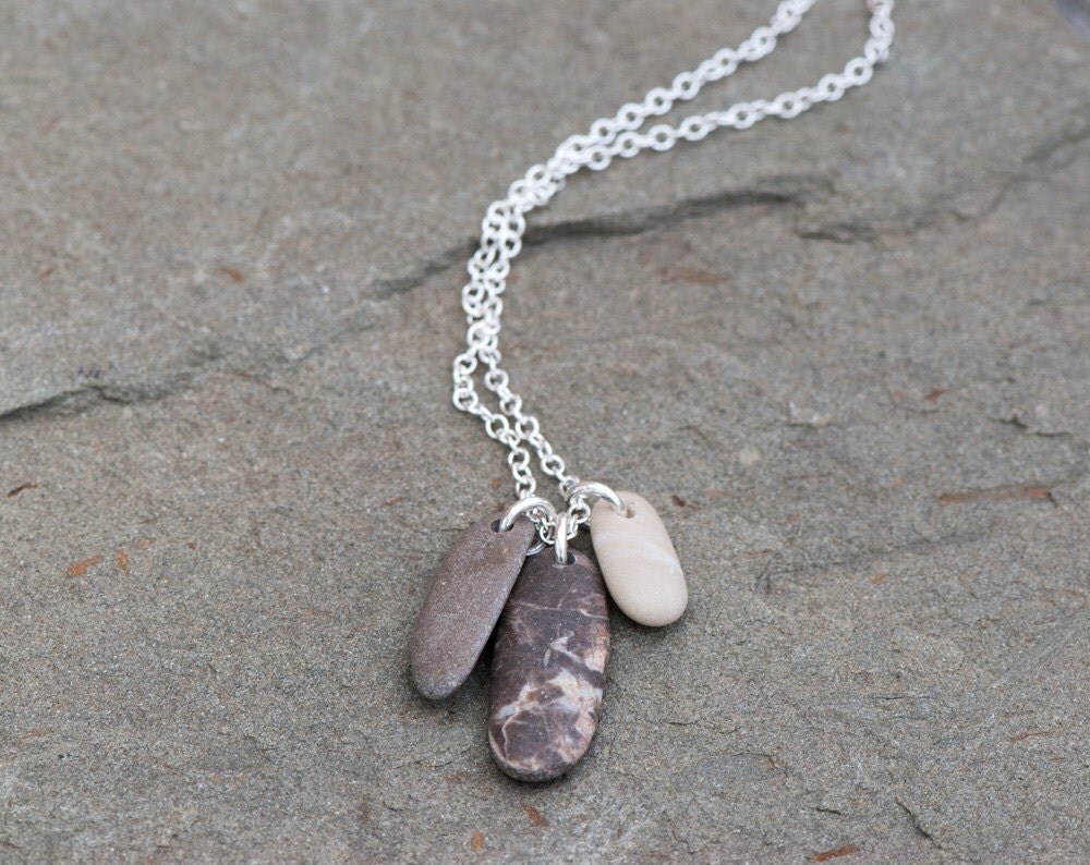 Beach Stone Necklace Sterling Silver Chain. Natural Beach