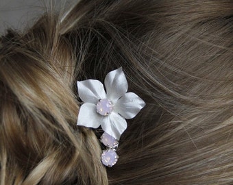 Peigne mariage cheveux fleur de soie et cristaux roses opal- Bridal silk flower and rose water opal rhinestones haircomb