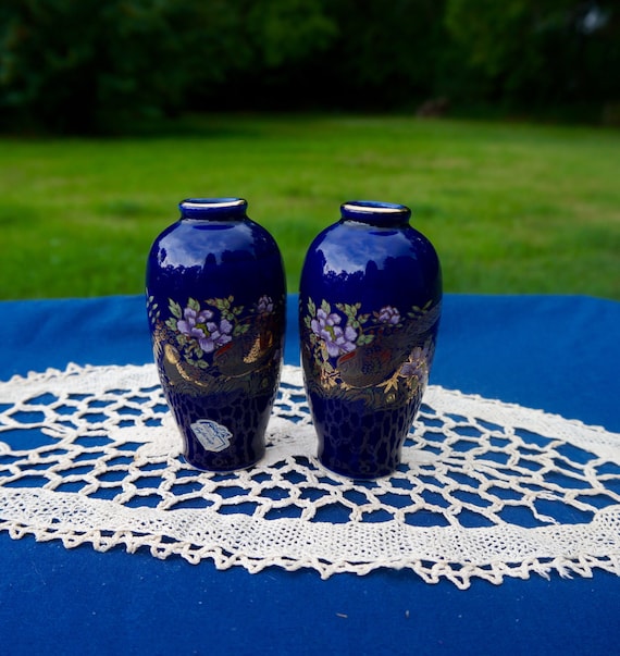 Cobalt Blue Ceramic Oriental Vases Set of Two Approx. 4 x 2
