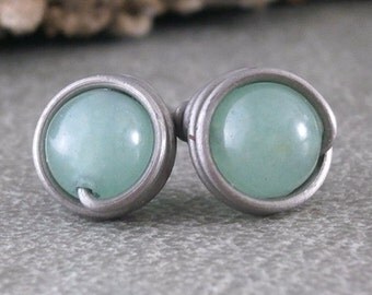SALE Aventurine Earrings Stud Green Gemstones Grade 1 Titanium Jewelry Wire Wrapped Earrings Small Studs Aventurine Jewelry Green Stones Gem