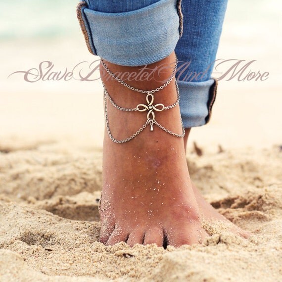 anklet foot jewelry antique silver chain with flower and drop