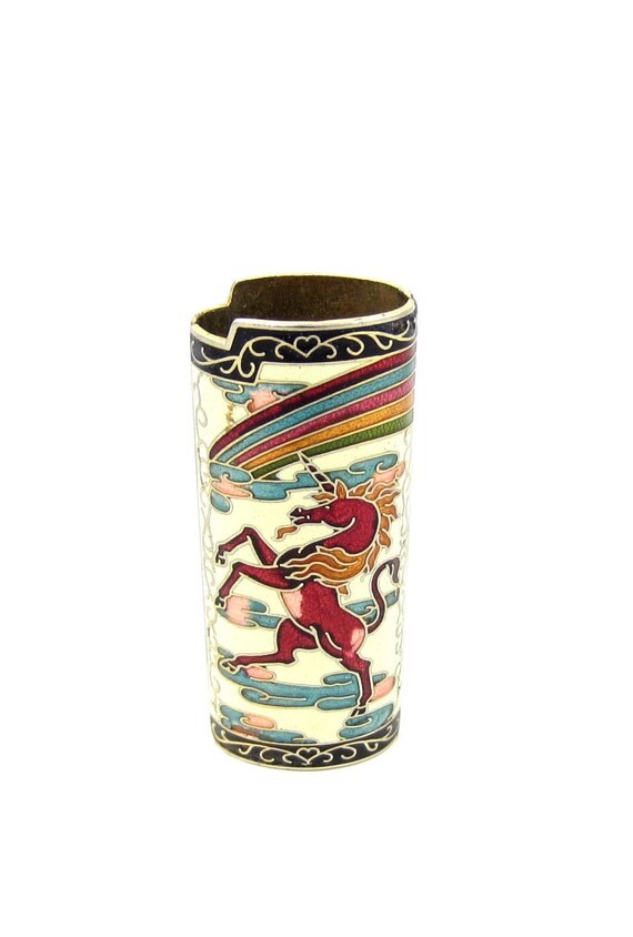 Cloisonne Brass Lighter Bic Case Holder Unicorn Rainbow Enamel