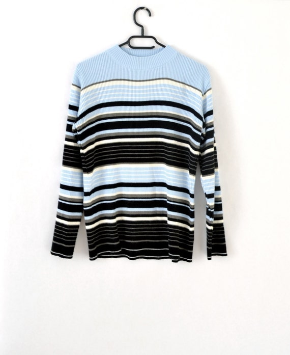 90s Turtleneck striped sweater colorblock clear blue white