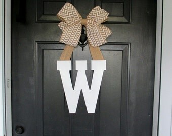 Monogram Door Letter, Front Door Wreath, White Wooden letter with chevron burlap bow, Initial door hanger, Personalized gift