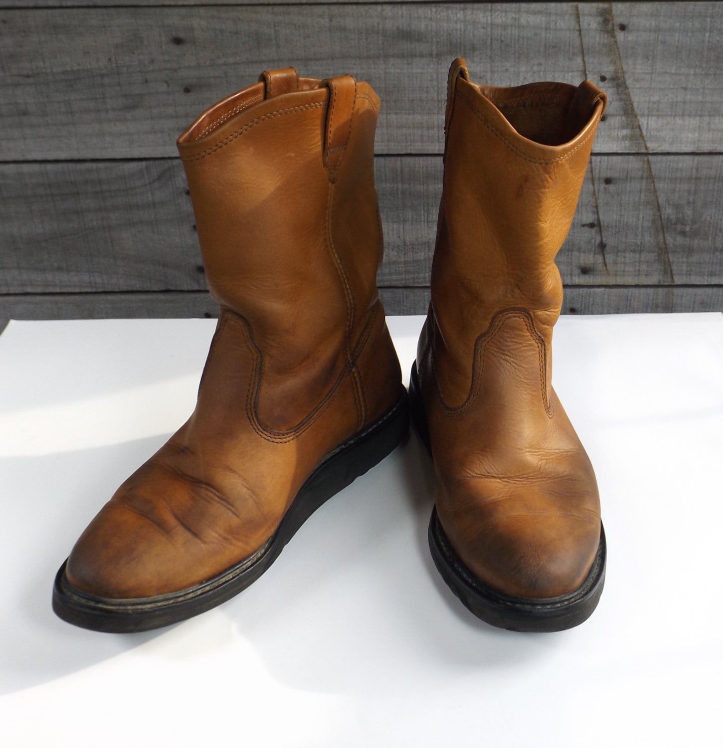 Vintage Brown Tan Leather Western Work Boots Wolverine Slip On