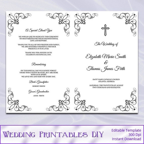 Catholic Wedding Program Template Diy Black White Cross