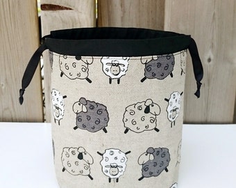 Sheep Print Linen Knitting Bag, Sock Knitting Bag, Knitting Tote, Sock Project Bag for two at a time sock knitting - Small Socksack