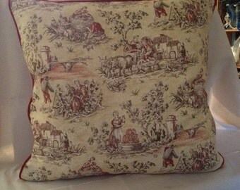 25" x 25" European Square Burgundy and Creme Toile Pillow Cover