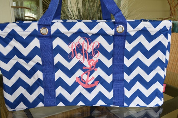 Utility Tote Chevron Blue and White Large Open by StitchedInStyle1