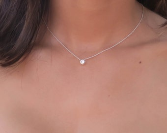 Silver Solitaire Necklace, CZ Diamond Necklace, Simple Delicate Necklace, Silver necklace, cubic zirconia necklace, bridesmaid gift