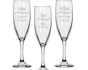 Bridesmaids Champagne Glasses / Personalized Wedding Glasses / Engraved / Custom Engraved Chapange Flute / 16 DESIGNS / Select ANY Quantity