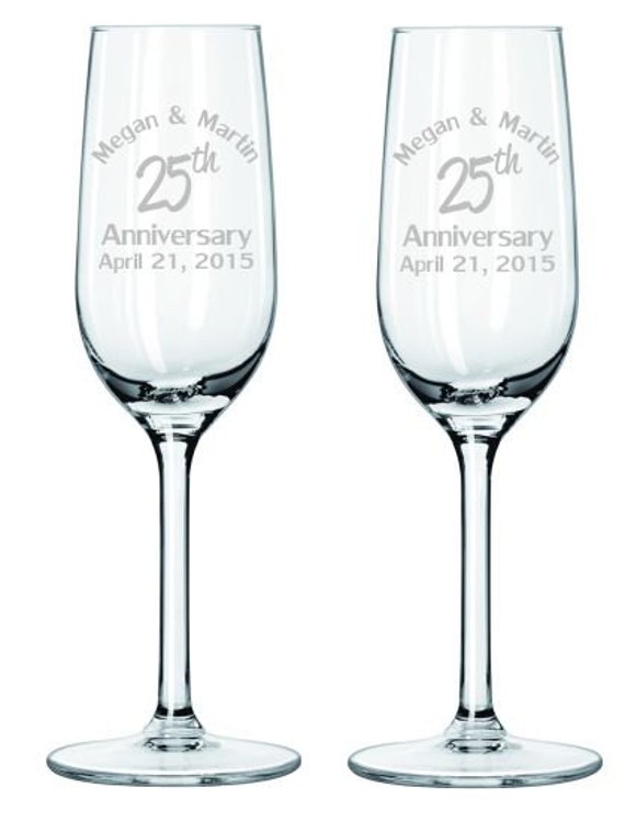 Anniversary Champagne Glasses, Etched 25th Anniversary Gift, Wedding