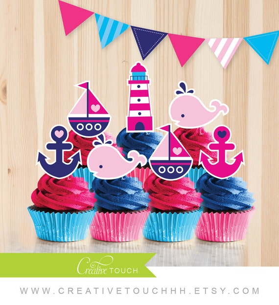 Nautical Cupcake Toppers Pink and Navy Blue Anchor