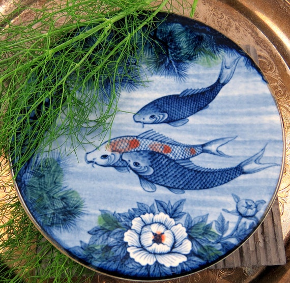 Vintage Koi Fish Plate Asian Decor Blue by
