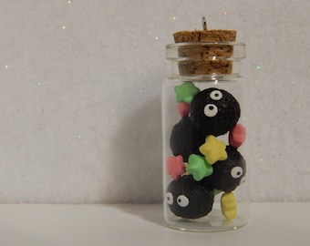 Studio Ghibli Inspired Soot Sprites and Candies in a Glass Bottle, Polymer Clay Glass Bottle