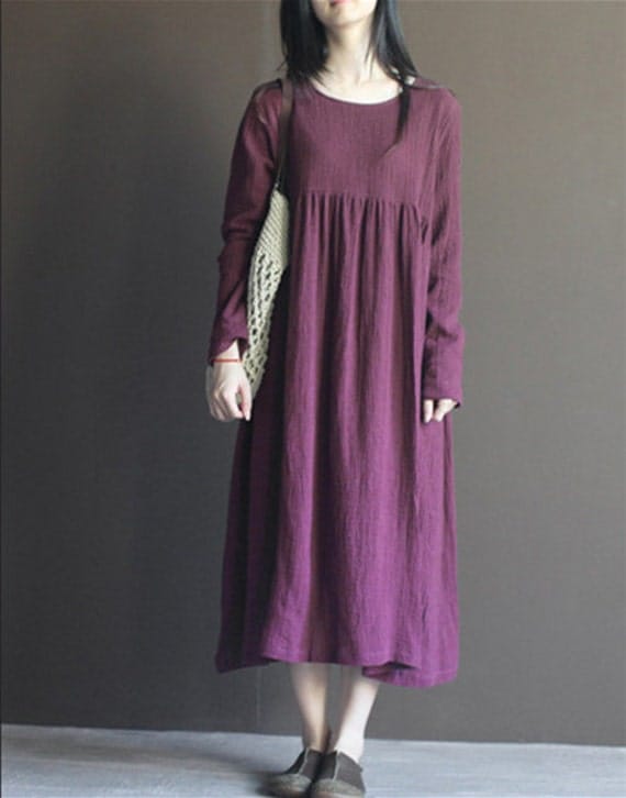 Purple long sleeves linen dress-purple long dress-women home