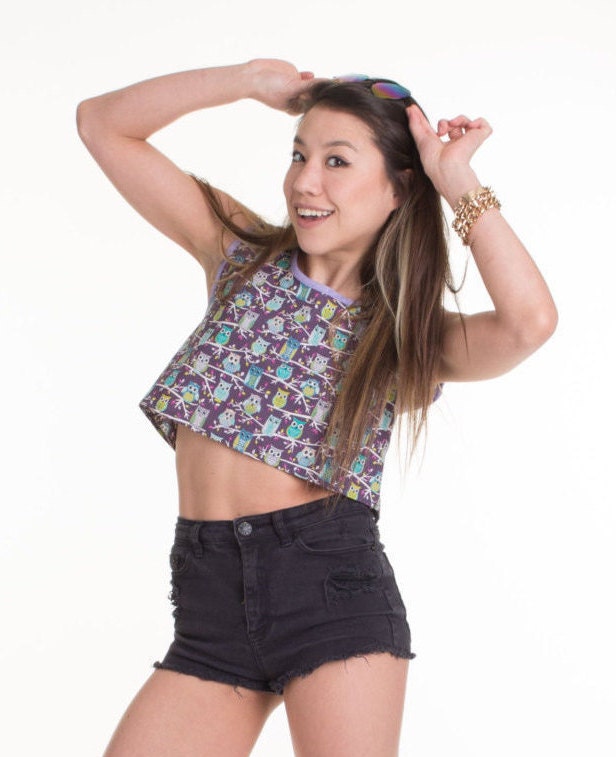 Purple Crop Top Belly Shirt With Owls And Lilac Trim Adorable