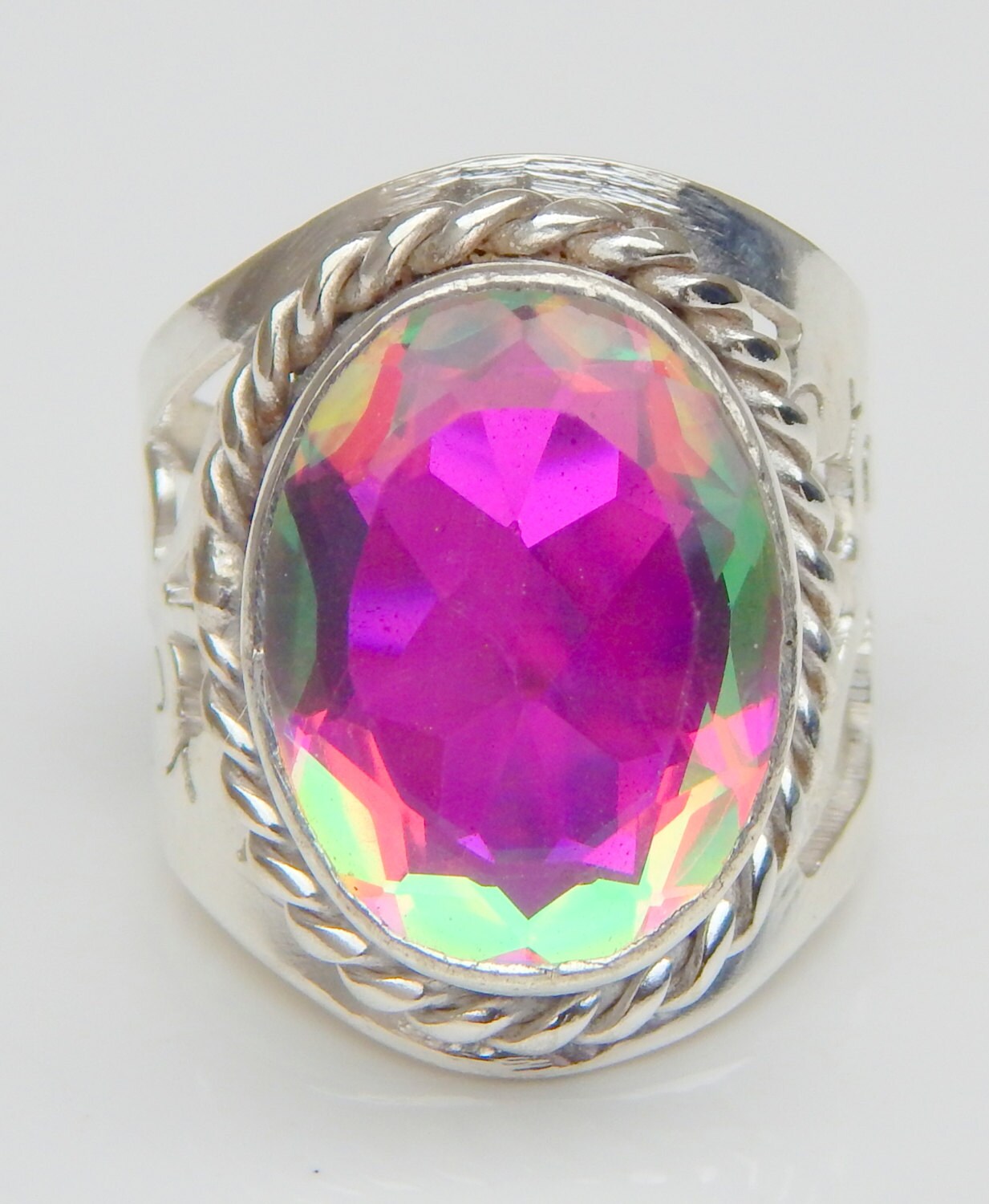 Vintage Aurora Borealis Gemstone 925 Silver Ring Size 6.5 US