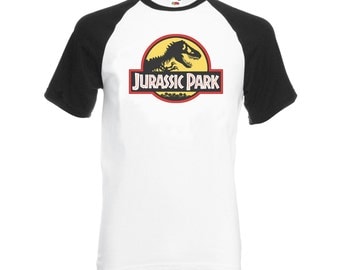 Vintage Style Jurassic park Baseball T-Shirt Contrast Sleeves Black all Sizes Crew Neck White T shirt