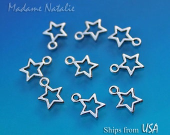 Small Star Charms (10) Double Sided, Silver Tone Stars, Little Open Star Charms, Sky Theme Bracelet Charms, Open Design Charms