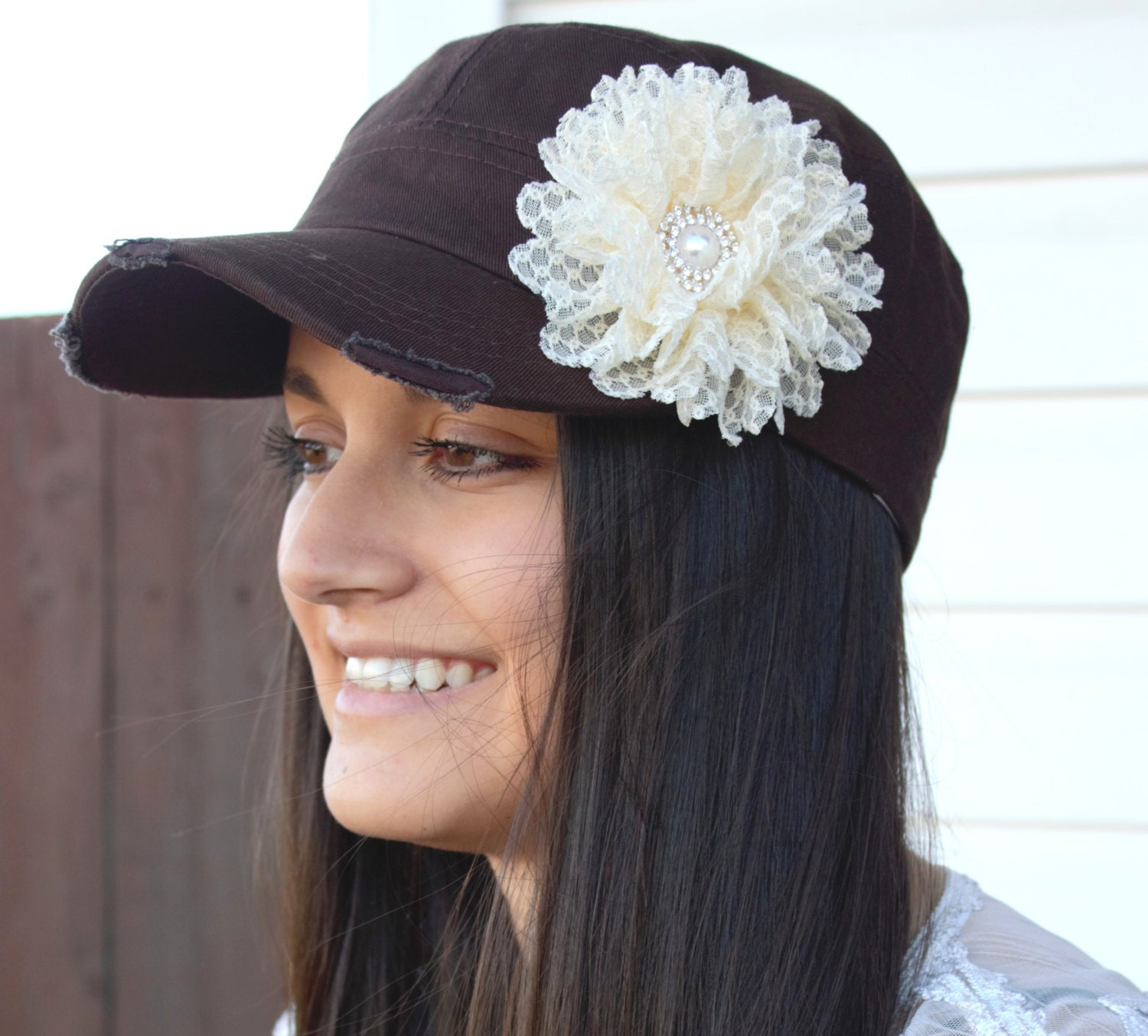 Brown Womens Hat ivory Flower Hat distressed hat womens