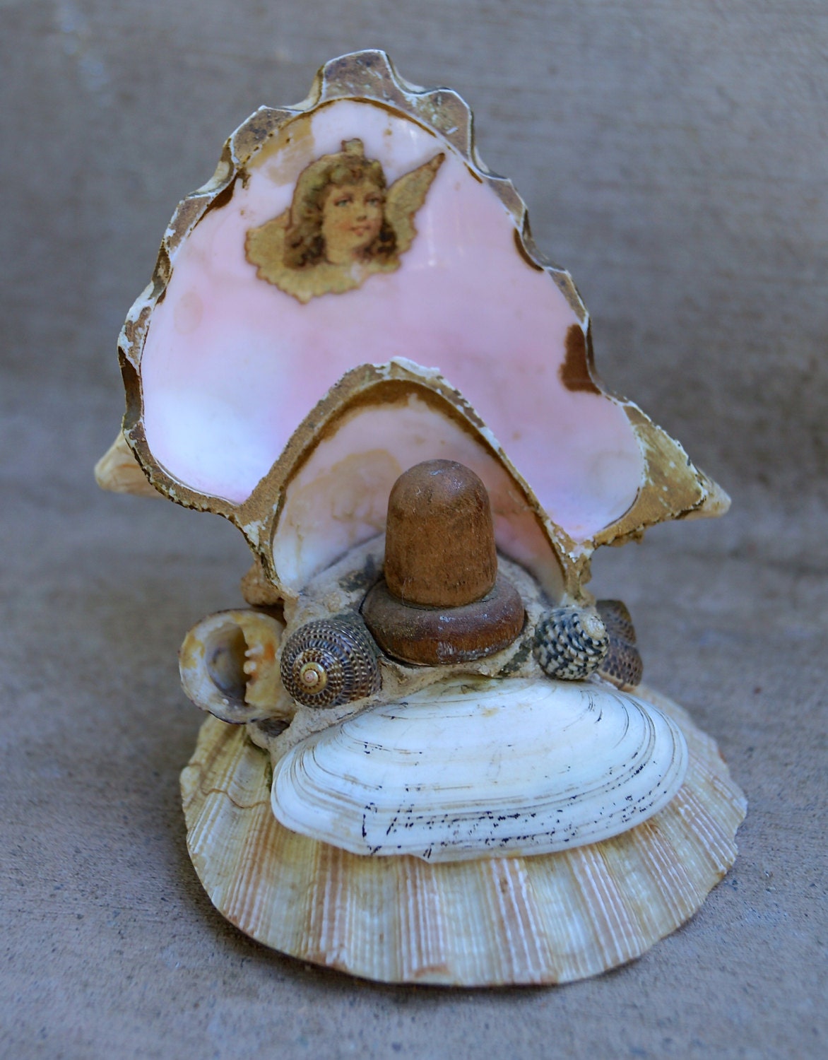 Antique Victorian Seashell Thimble Holder. Victorian Shell Art
