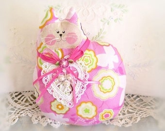 Cat Pillow Doll 7 inch, Cloth Doll, PINK PRINT, Primitive Soft Sculpture Handmade CharlotteStyle Decorative Folk Art