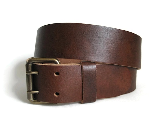Wide Brown Leather Belt Mens 2 Prong Buckle by AngelLeatherShop
