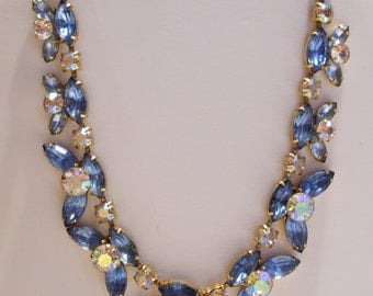 Blue and Aurora Borealis Rhinestone Choker Necklace Something Blue for the Bride