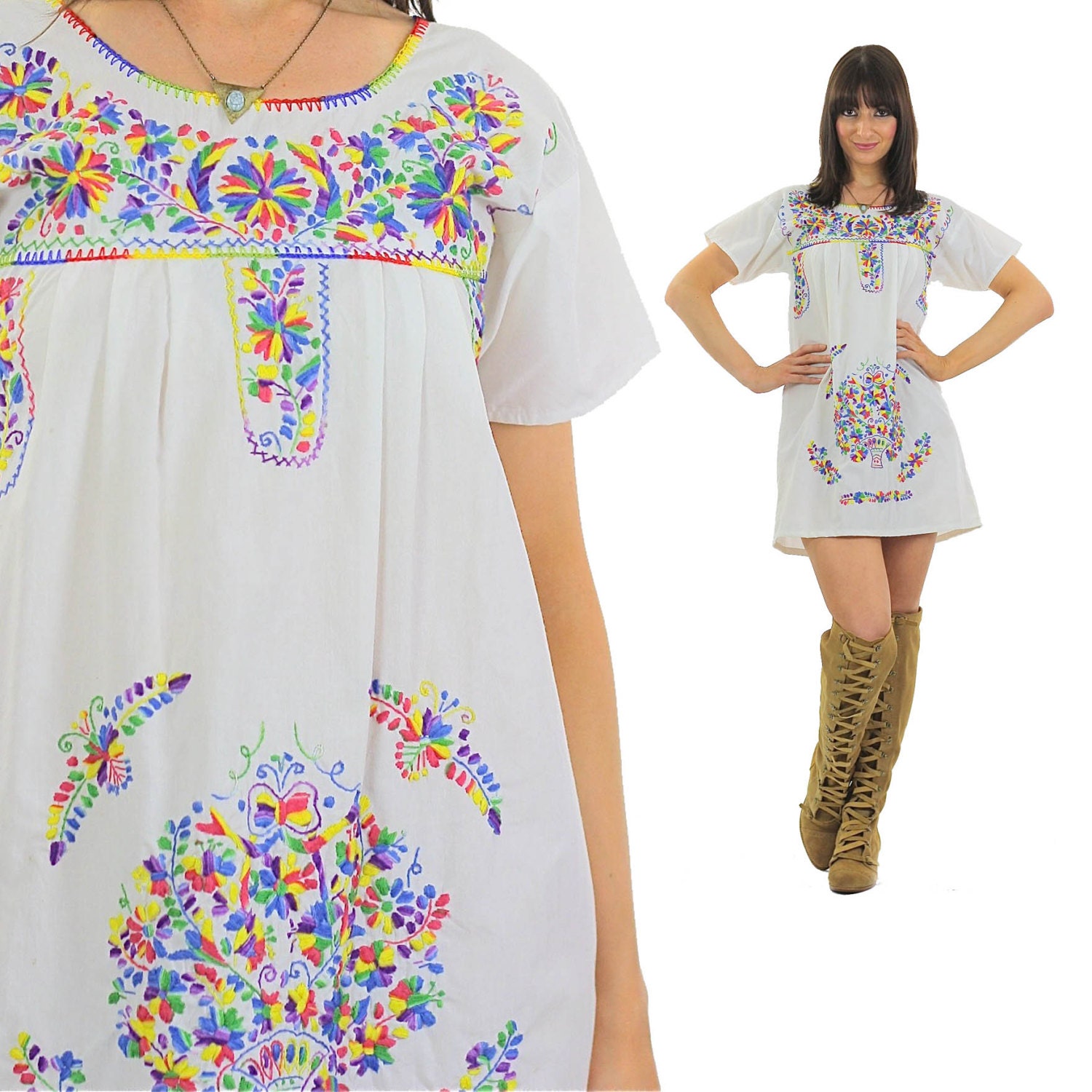 Boho Mini Dress Oaxacan Dress Embroidered By Shabbybabevintage 5444