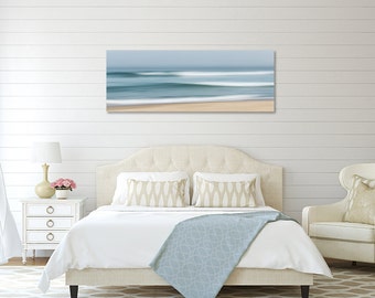 Large Abstract Beach Canvas Wall Art, Ocean Seascape Photography, Cape Cod Beach Panorama Nautical Coastal Decor Teal Blue Seafoam Tan Beige