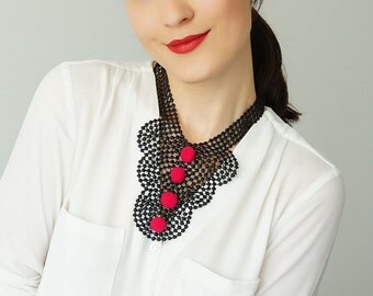 30% Inspiration Venise Lace Necklace Lace Jewelry Black Necklace Bib Necklace Statement Necklace Pompom Necklace / CINCINELLA