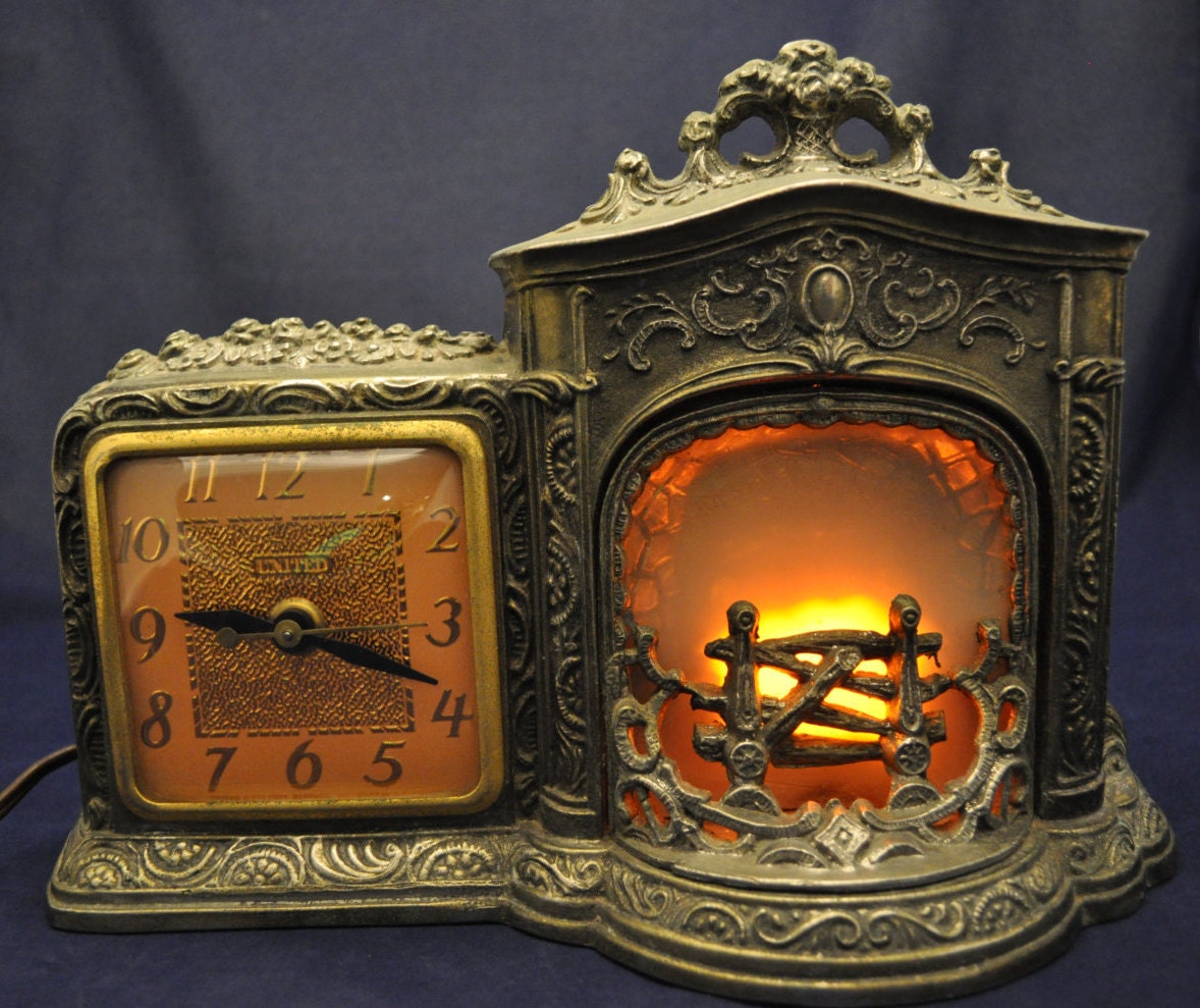 Vintage United Clock Fireplace Model 455 Hearth Electric Light