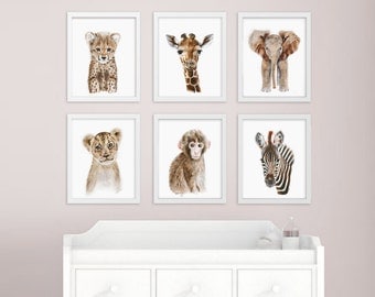 African Baby Animal, Nursery Print Set, Safari Nursery Art Prints, Animal Art, Baby Elephant, Giraffe, Monkey, Cheetah, Lion, Zebra