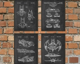 Batman Patent Prints Set Of 4 - Batman Poster - Batmobile Print - Batwing Poster - Batman Mask Patent - Batman Superhero Movie Posters