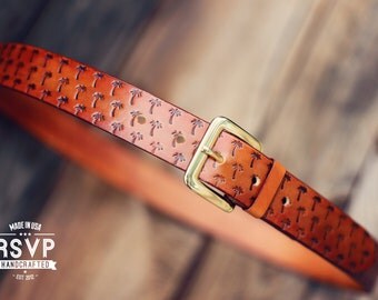Custom Leather Belt, Handmade personalized gift, Tan stain, Palms tropical, full grain leather belt, Tooled Leather Belt, Men's Leather Belt