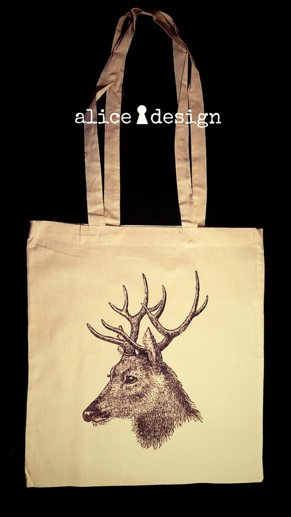 Hand printed textile tote bag - unique raindeer canvas cotton tote ...