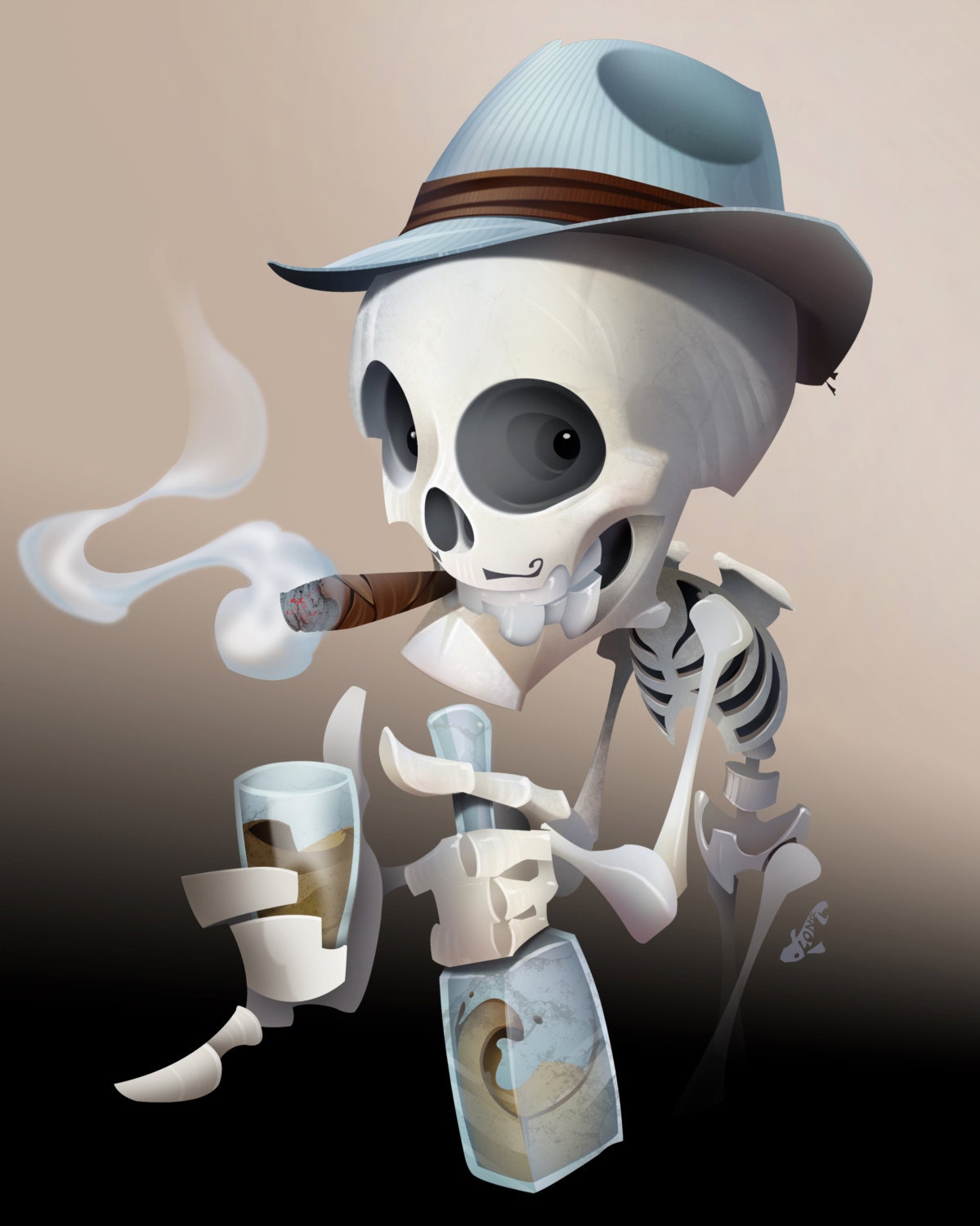 Skeleton smoking a cigar drinking and wearing a fidora