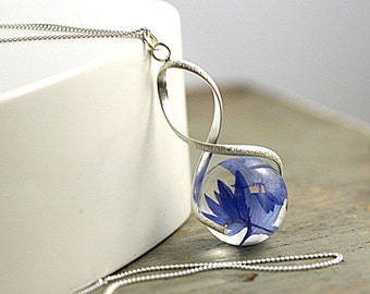 Sterling real cornflower twisted necklace. Eco-friendly resin and sterling silver necklace. Natural jewelry for her.