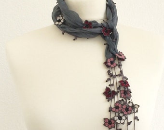 Silk Wrap Scarf, Silk Necklace, Boho Dark Gray Wrap Scarf, Crochet Oya Beaded Scarf, Flowers Foulard, Beaded Jewelry, Beadwork ReddApple,