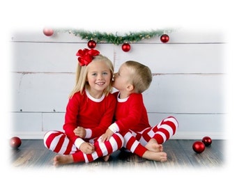 Christmas Pajamas in Matching Red And White Stripe. Embroidered Christmas Pajamas. Family PJ delivery end of August.