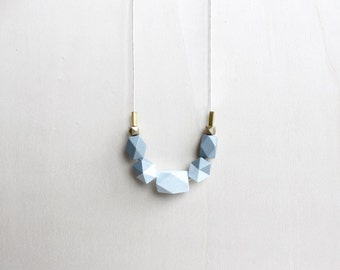 pastel wooden geometric necklace, ice blue gray necklace, minimalist everyday jewelry
