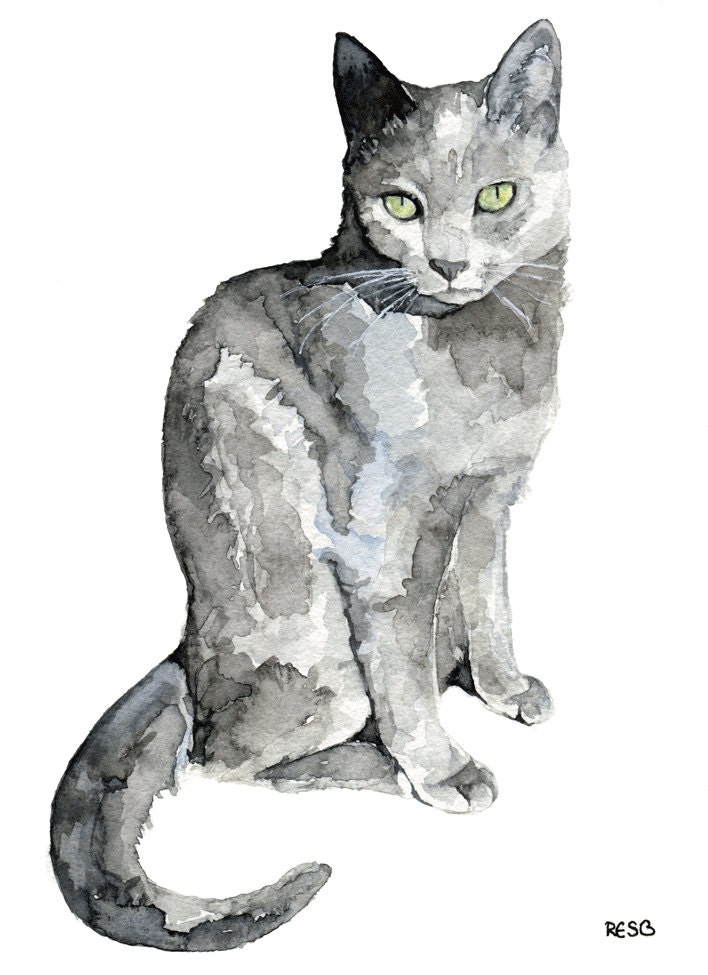 Download Grey Cat Painting Print from my Original Watercolor Painting