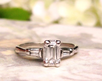Vintage Emerald Cut Diamond Engagement Ring 0.50ctw Diamond Engagement Ring 14K White Gold Baguette Diamond Wedding Ring Size 6