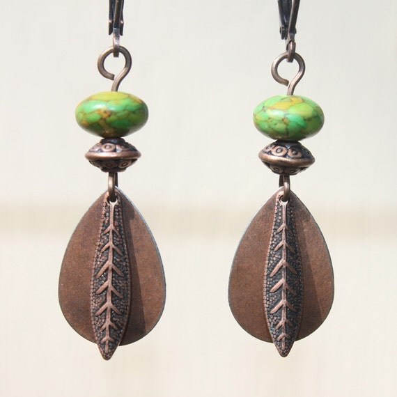 Boho Earrings Turquoise Green Copper Dangle Drop by NtikArtJewelry