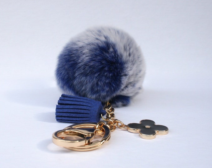 Pom-Perfect Frosted Blue REX Rabbit fur pom pom ball with black flower keychain and navy tassel