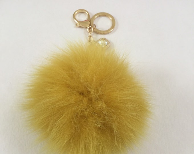 Rusty Yellow Fox Fur Pom Pom keychain ball luxury bag pendant with clear crystal charm