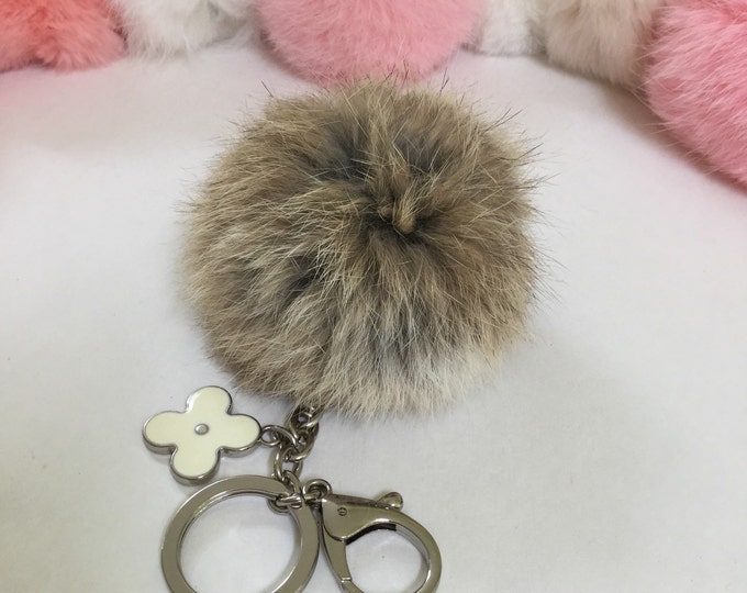Silver Summer Series No dye Rabbit fur pompom keychain ball with flower bag charm